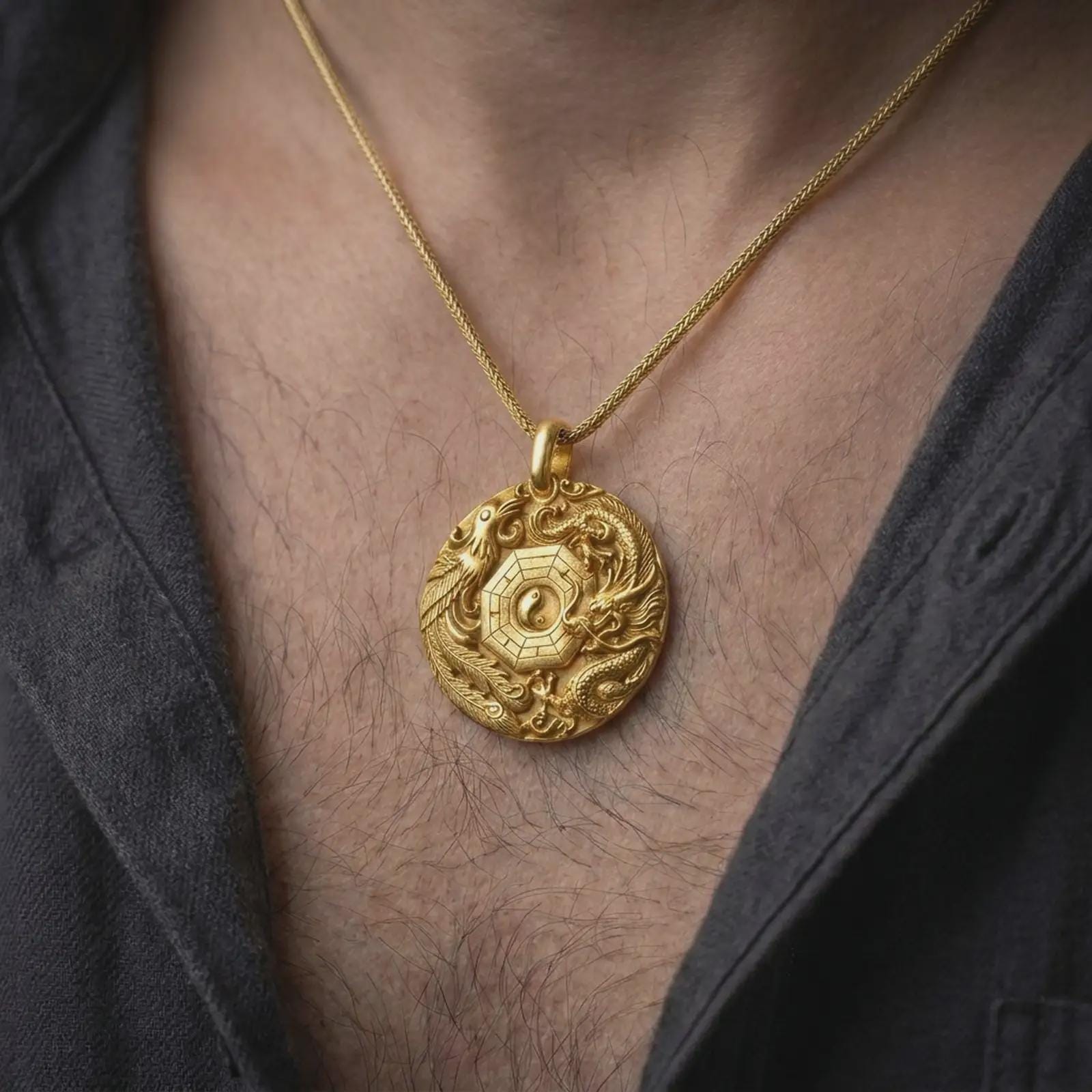 A gold plated Chinese dragon and phoenix pendant is worn on a man’s neck with dark clothing, highlighting the balanced mythical pairing and geometric Feng Shui centerpiece in a refined masculine close-up.