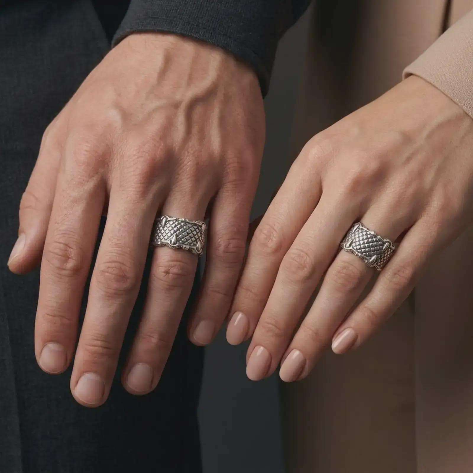The polished silver dragon claw band is worn on a couple’s fingers, showing the detailed reptilian texture and substantial unisex proportions in a premium lifestyle close-up.