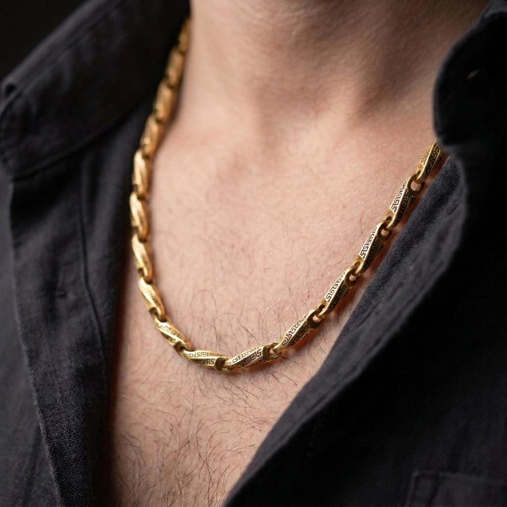 A gold plated Greek key chain necklace is worn on a man’s neck with dark clothing, highlighting the ancient meander motif and structured masculine chain profile in a close-up lifestyle shot.