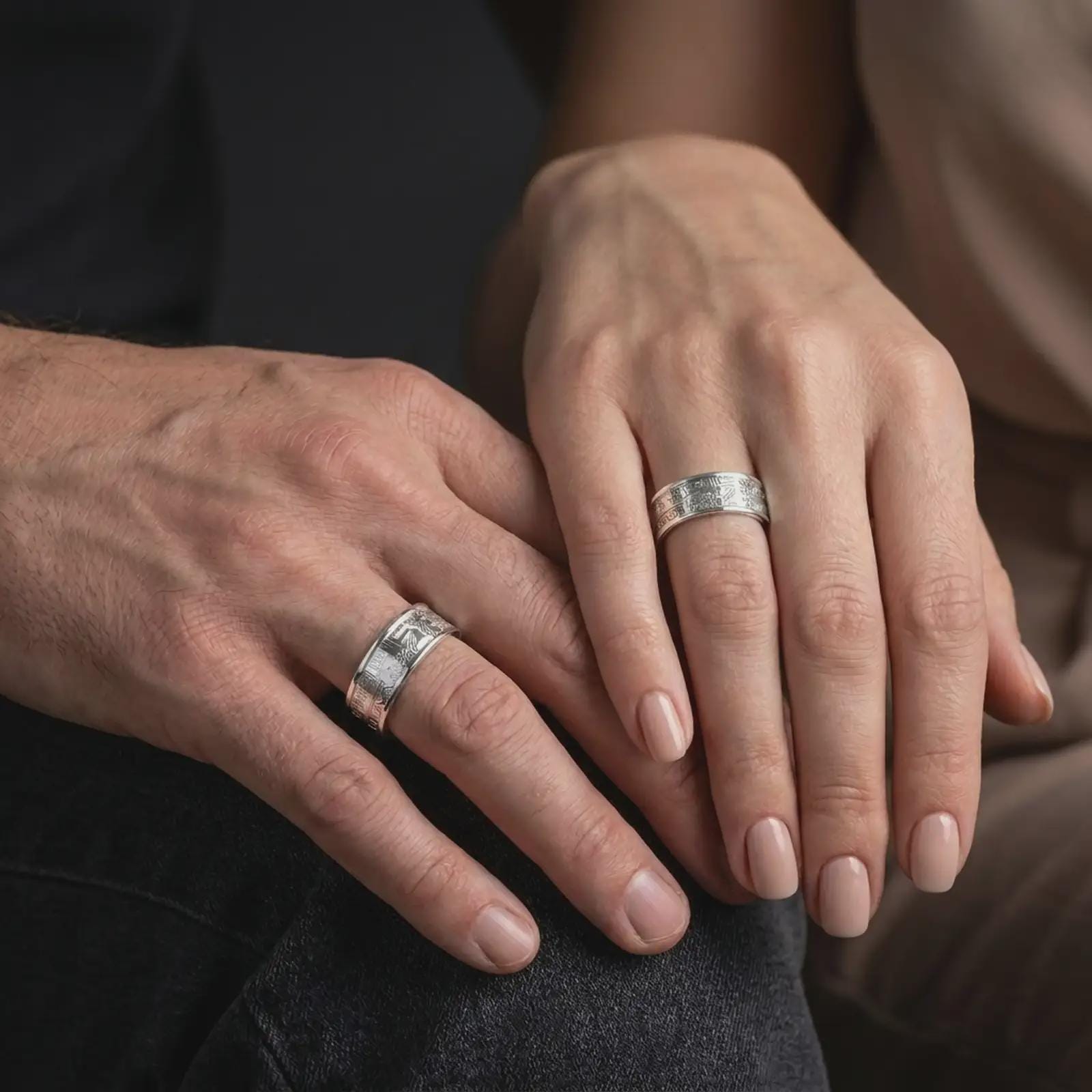 The polished silver Aztec band ring is worn naturally on a finger, showing the repeating geometric motifs, smooth edges, and unisex spinner ring profile in a premium lifestyle photograph.