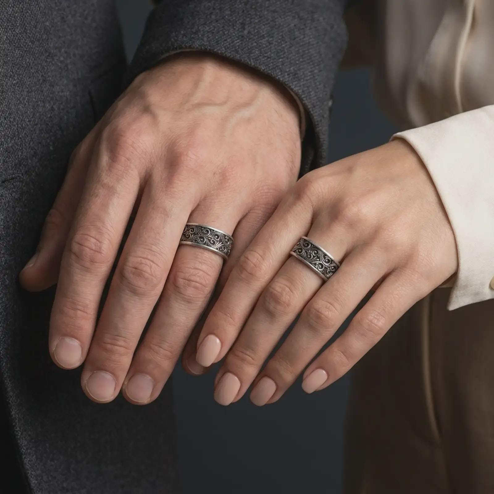 An oxidized scroll spinner ring is worn on a finger, displaying the dark recessed background, raised silver vine details, and calming wide band profile in a close-up lifestyle shot.