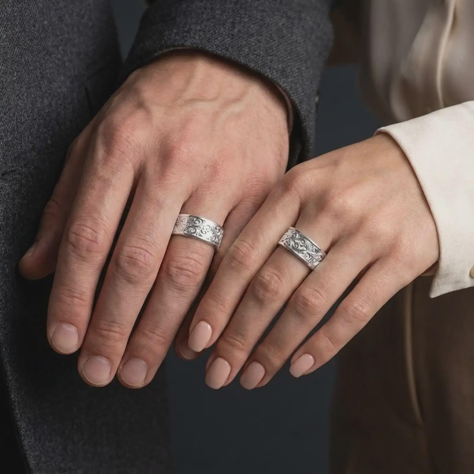 The polished silver ornate wedding band is worn naturally on a finger, showing the continuous scrollwork pattern and smooth unisex spinner ring profile in a premium lifestyle photograph.