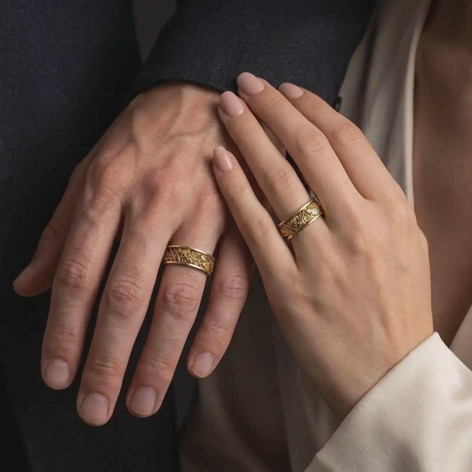 A gold plated botanical ring is worn on a finger, highlighting the raised floral motifs, intricate leaves, and elegant nature-inspired wedding band design in a refined close-up lifestyle shot.