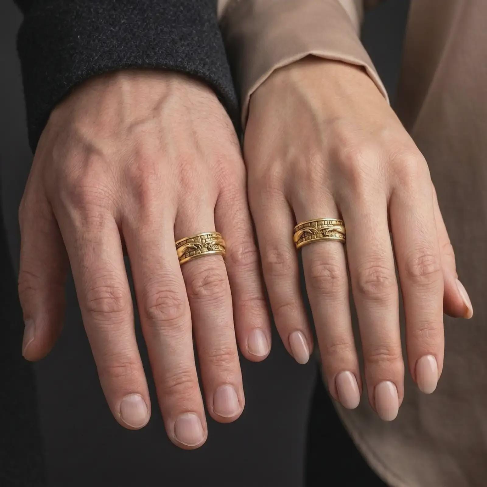 A gold plated Creation of Adam spinner ring is worn on a finger, highlighting the sculpted hands, symbolic connection theme, and elegant art-inspired band design in a refined close-up lifestyle shot.