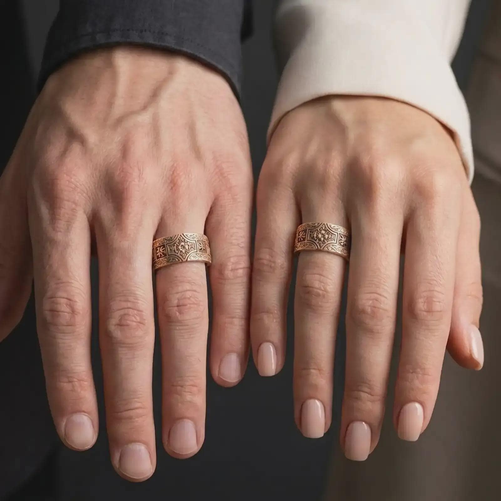 The rose gold plated ornate cross band ring is worn on a finger, showcasing its detailed symmetrical relief, raised cross motifs, floral ornamentation, rounded edges, and bold symbolic design in an elegant lifestyle photograph.