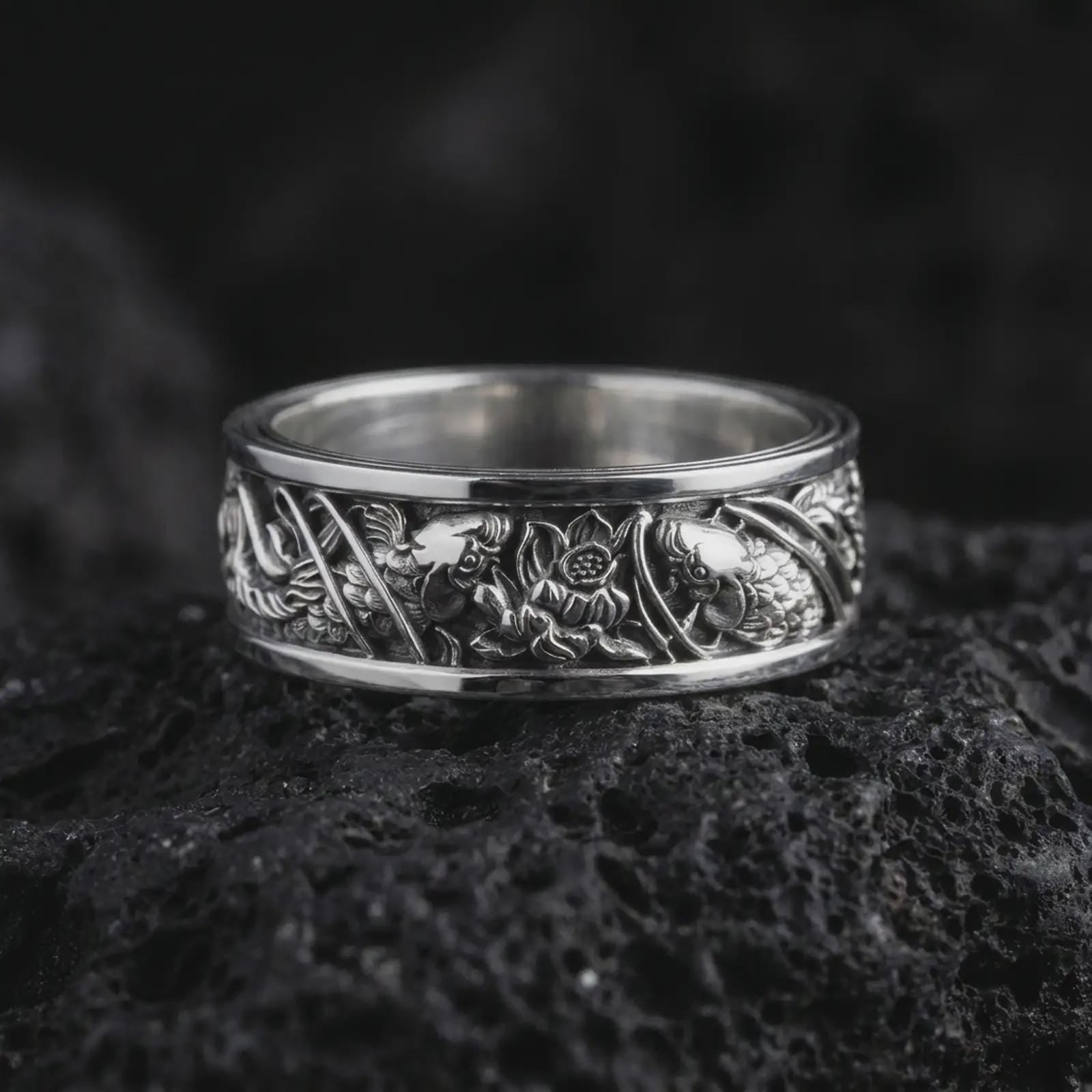 The polished silver botanical wedding band is displayed on textured black volcanic rock, highlighting its raised floral relief, flowing leaves, smooth rounded edges, and continuous nature-inspired pattern in a premium macro photograph.