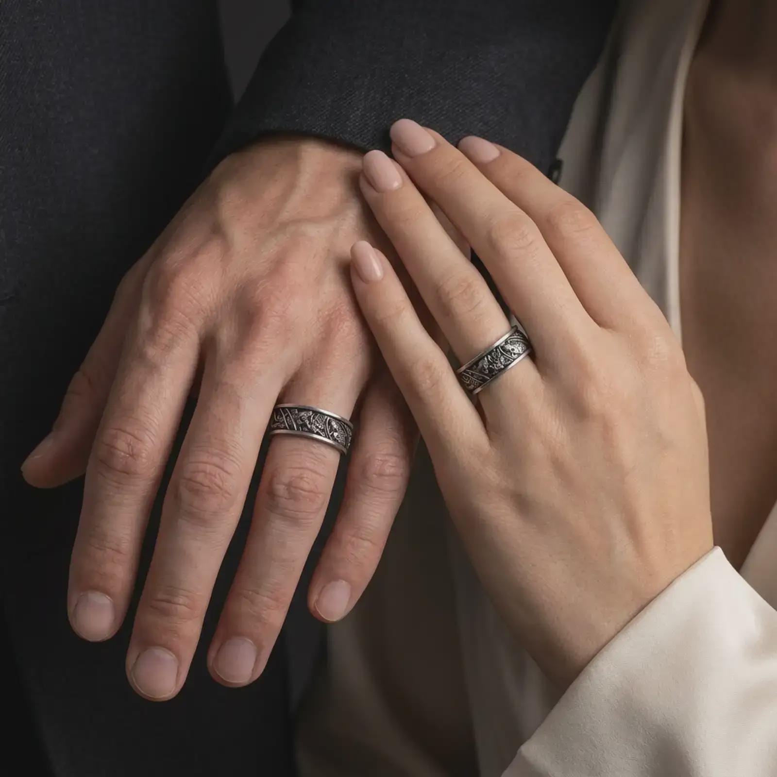 An oxidized sterling silver floral band ring is worn on a finger, displaying the dark recessed background, raised flowers and leaves, and detailed botanical pattern in a close-up lifestyle photograph.