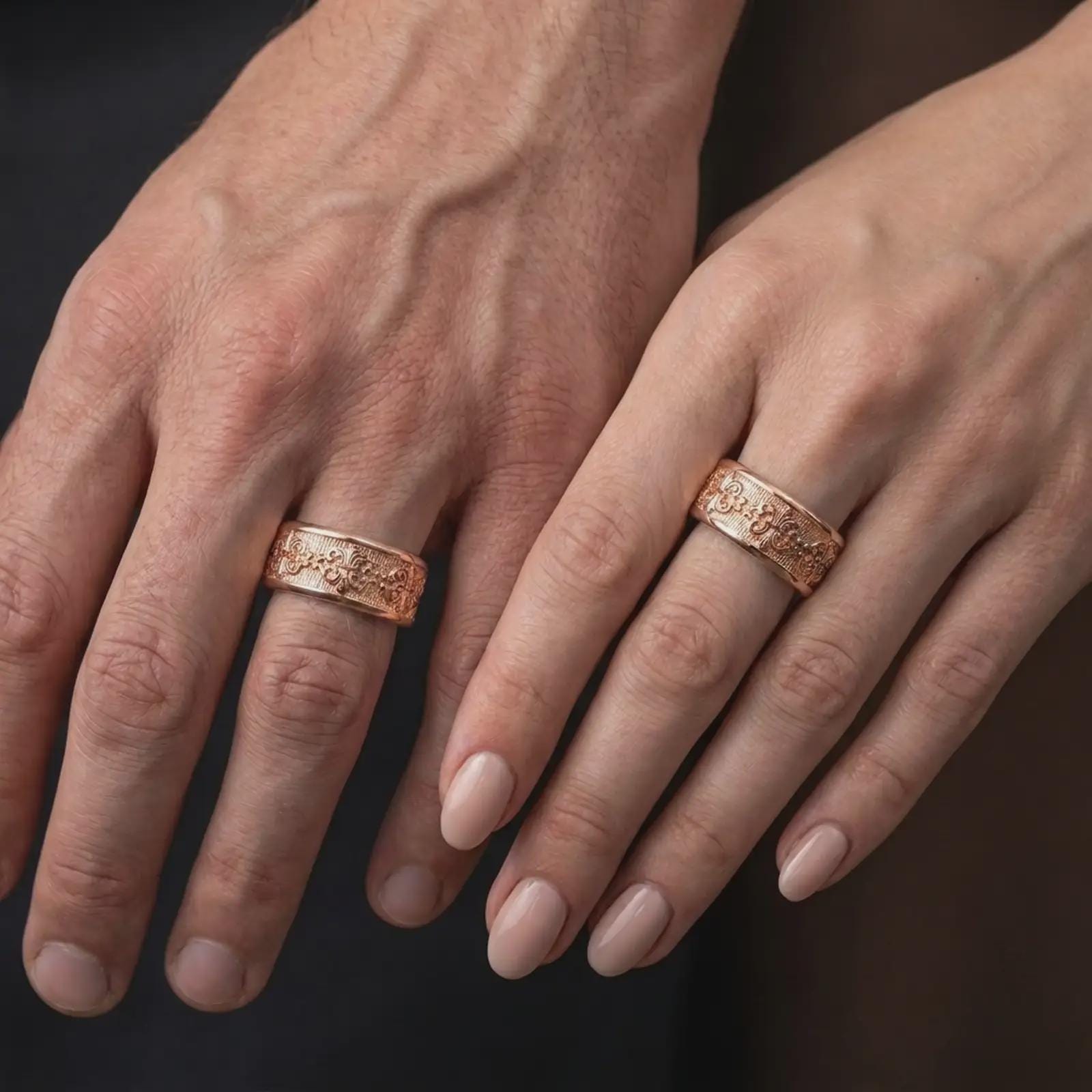 The rose gold plated fleur-de-lis spinner ring is worn on a finger, showcasing the continuous Baroque scroll pattern, textured background, rounded edges, and elegant vintage-inspired jewelry design.