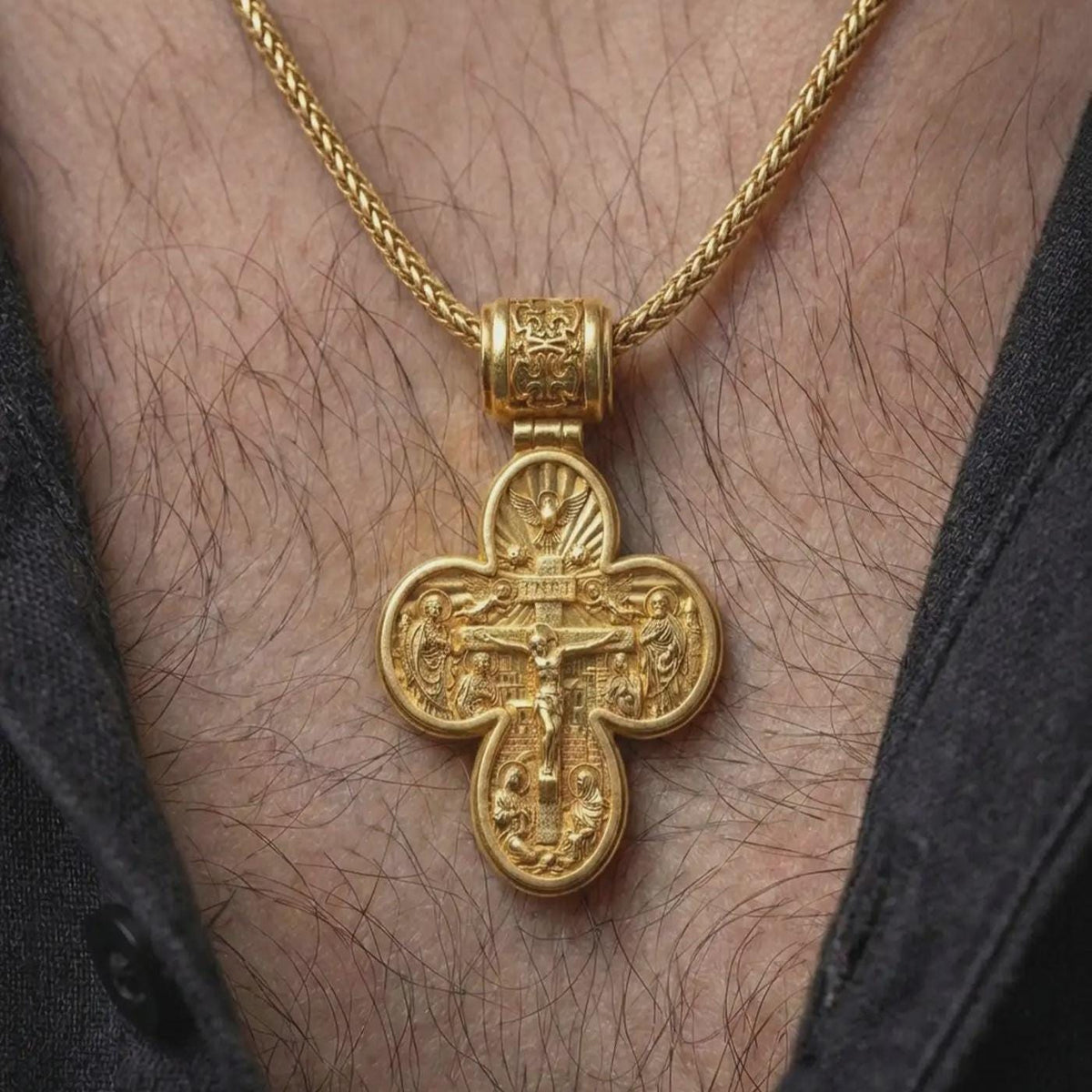 A gold plated double sided Christian cross pendant is worn on the neck, highlighting the archangel motif, symbolic spiritual protection theme, and substantial cross silhouette in a refined close-up lifestyle shot.