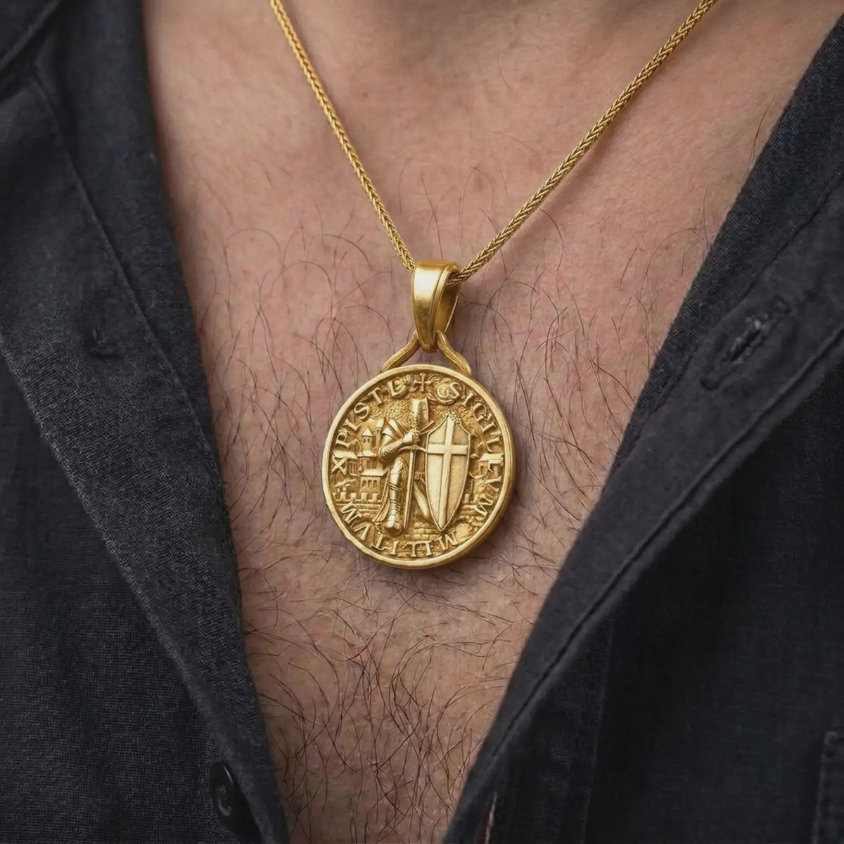 A gold plated Templar Knight pendant is worn on the neck, highlighting the medieval warrior relief, cross-bearing shield, fortified background, and symbolic Christian jewelry style in a refined close-up lifestyle shot.