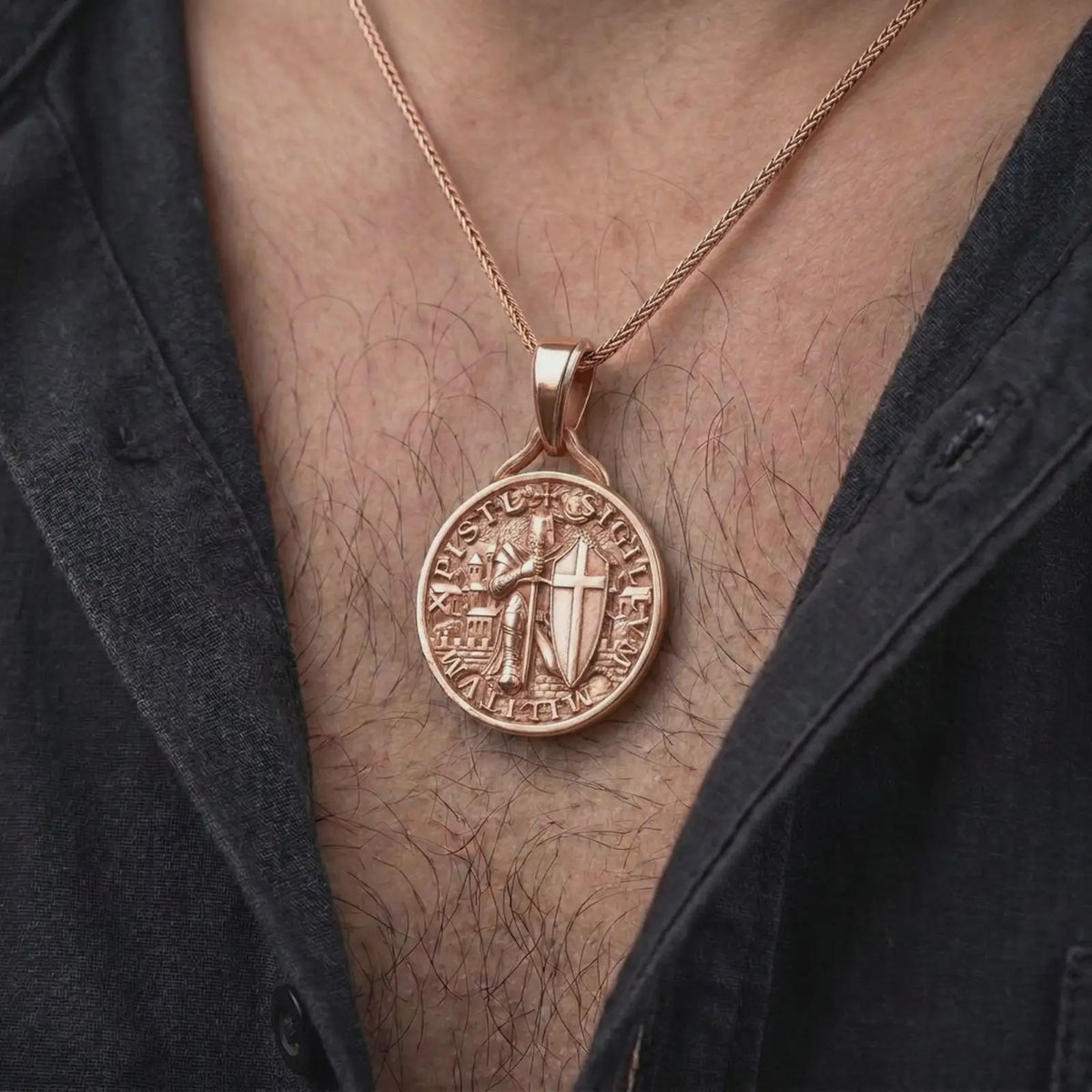 The rose gold plated crusader knight pendant is worn on the neck, showcasing the detailed armor, sword, cross shield, architectural relief, and distinctive medieval warrior jewelry design.