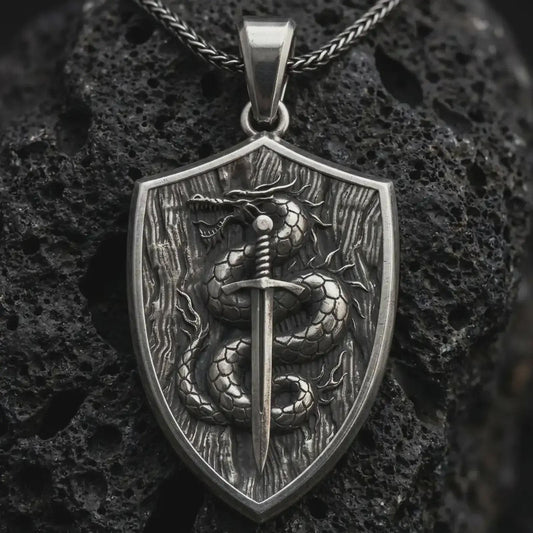 An oxidized sterling silver sword and serpent shield pendant rests on dark volcanic rock, featuring a scaled snake coiled around a vertical sword within a medieval shield in a dramatic macro studio close-up.