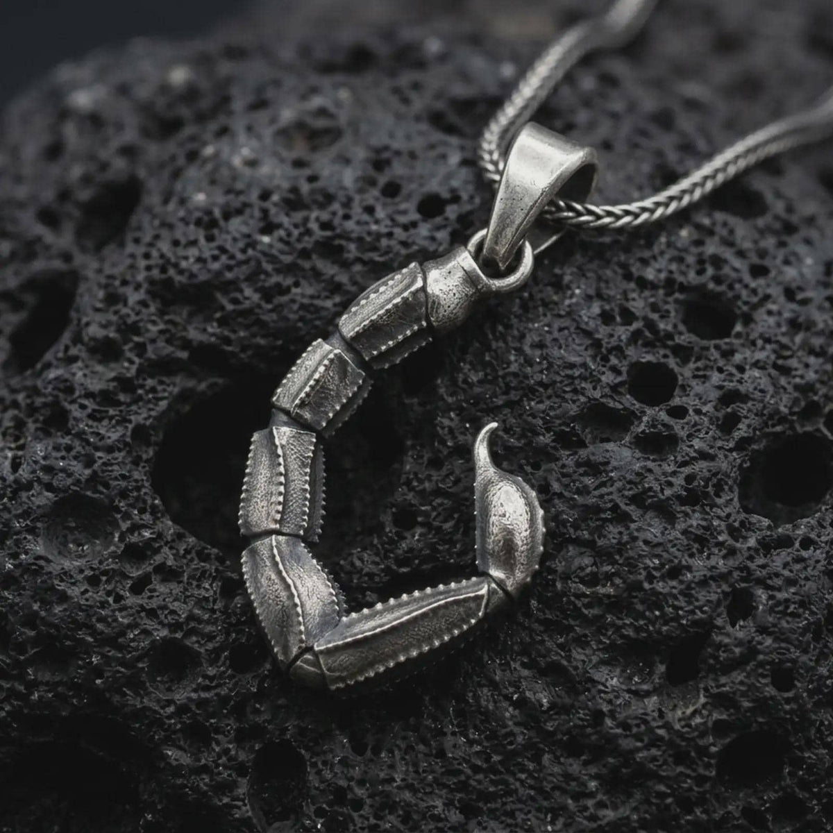 An oxidized sterling silver scorpion tail pendant rests on dark volcanic rock, showing articulated segmented sections, textured edges, a curved stinger, and dark recessed details in a dramatic macro studio close-up.