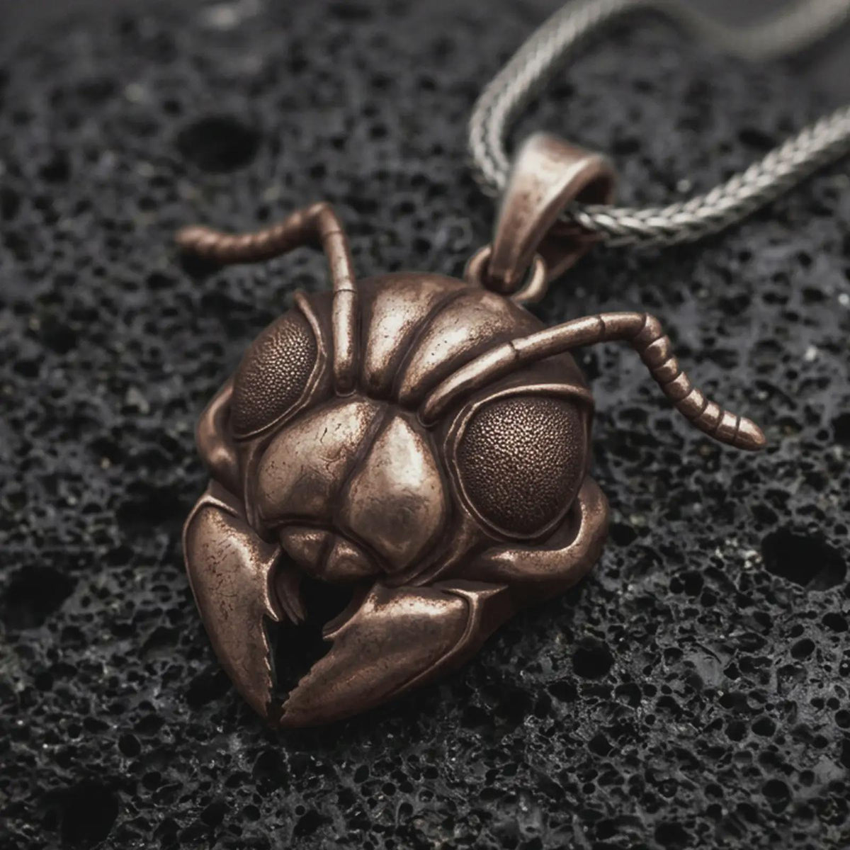 A Bronze sterling silver ant head pendant rests on dark volcanic rock, featuring large textured compound eyes, segmented antennae, sculpted facial armor, and prominent mandibles in a dramatic macro close-up.