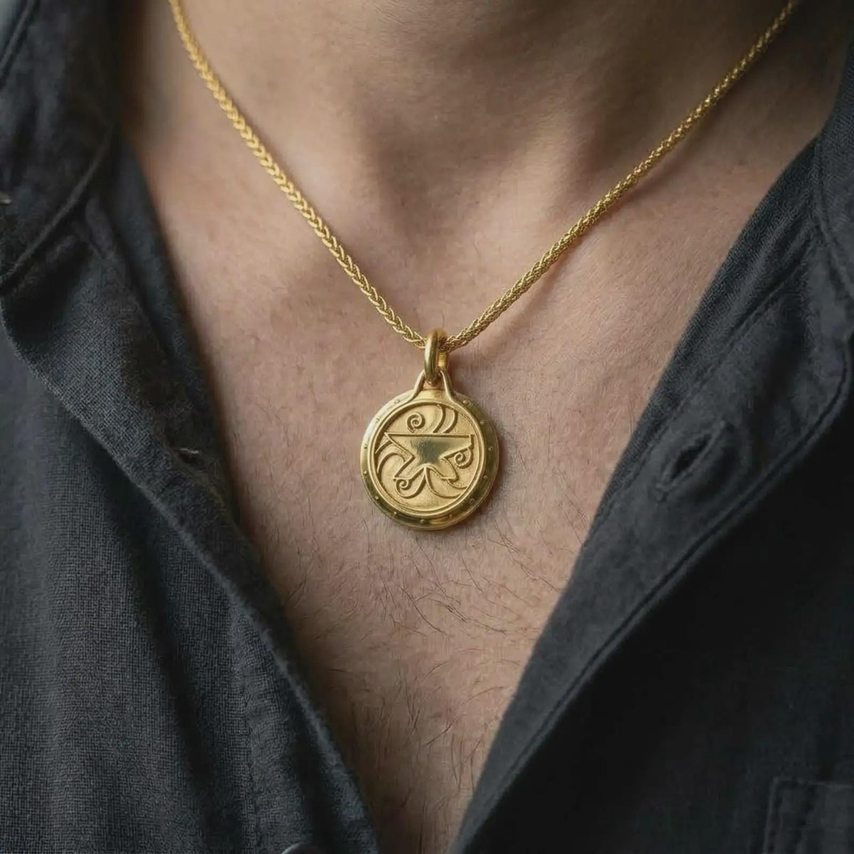 A gold plated fantasy medallion is worn on the chest, highlighting the bold central symbol, spiral ornamentation, circular frame, and distinctive gamer-inspired statement jewelry style.