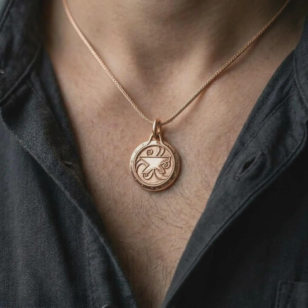 The rose gold plated Zenithar-inspired amulet is worn on the chest, showcasing the symbolic merchant emblem, dotted outer border, decorative scroll details, and refined fantasy RPG jewelry design.