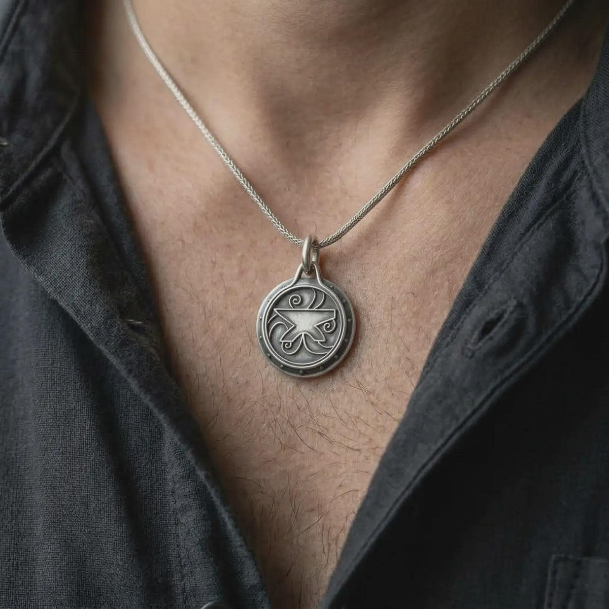 An oxidized sterling silver fantasy amulet is worn on the chest, displaying the central Zenithar-inspired symbol, dark recessed background, ornamental swirls, and substantial medallion profile.