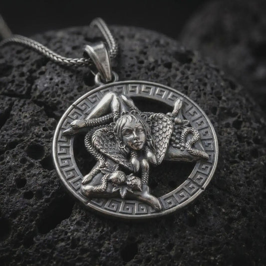 Oxidized sterling silver Trinacria pendant on black volcanic rock, featuring Medusa, three bent legs, and a detailed Greek key border inspired by the traditional symbol of Sicily.