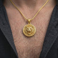 Load image into Gallery viewer, Gold plated tiger head necklace worn on the chest, highlighting the roaring expression, powerful fangs, detailed striped face, and bold men's statement jewelry design.

