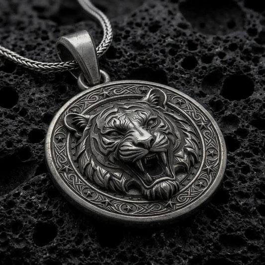 Oxidized sterling silver roaring tiger pendant on black volcanic rock, featuring a detailed tiger head, open mouth, sharp fangs, striped fur, and ornate circular border.