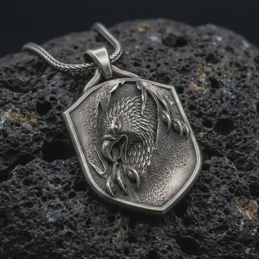 Oxidized sterling silver eagle shield pendant on black volcanic rock, featuring a detailed eagle head, layered feathers, sharp talons, and textured heraldic shield.