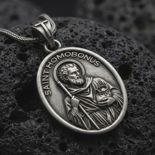 Oxidized sterling silver Saint Homobonus medal necklace on black volcanic rock, featuring the haloed Catholic saint holding a staff with SAINT HOMOBONUS lettering.