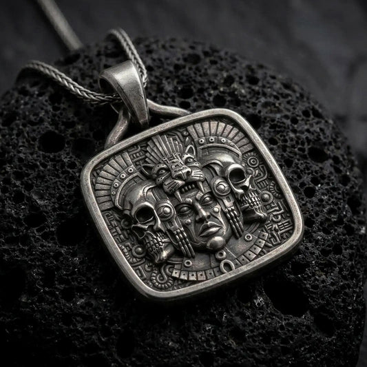 Oxidized sterling silver Aztec jaguar pendant on black volcanic rock, featuring a ceremonial human face, feline headdress, flanking skulls, feathers, and intricate Mesoamerican relief details.