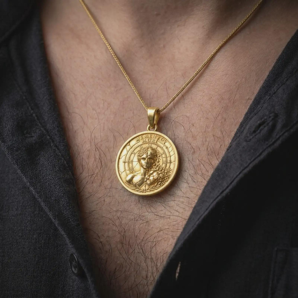 Gold plated Memento Mori necklace worn on the chest, highlighting the sculpted half-human half-skull face, Roman numeral clock design, distressed textures, and symbolic reminder of life's fleeting nature.