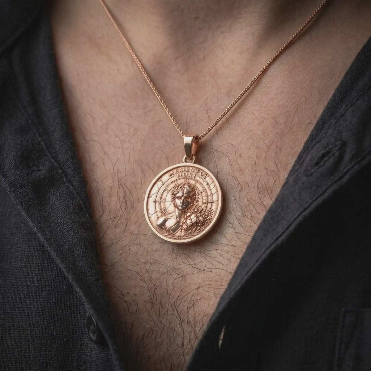 Rose gold plated Memento Mori pendant worn on the chest, showcasing the detailed mortality-inspired portrait, cracked classical sculpture, Roman numeral markings, and dark philosophical jewelry aesthetic.