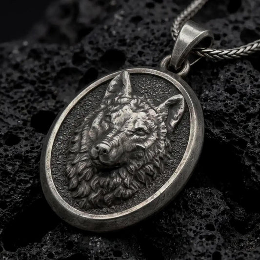 Oxidized sterling silver wolf head pendant on black volcanic rock, featuring a sculpted wolf face, detailed fur, pointed ears, textured background, and oval medallion frame.