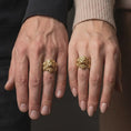 Load image into Gallery viewer, Gold plated big cat ring worn on the finger, highlighting the fierce roaring tiger expression, three-dimensional sculpted face, detailed fur texture, and eye-catching statement profile.

