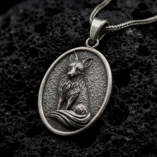 Oxidized 925 sterling silver sitting fox pendant displayed on textured black volcanic rock, featuring a seated fox with upright pointed ears, delicate muzzle, intricately sculpted flowing fur, large curled bushy tail, oval medallion frame, and dark oxidized silver finish.