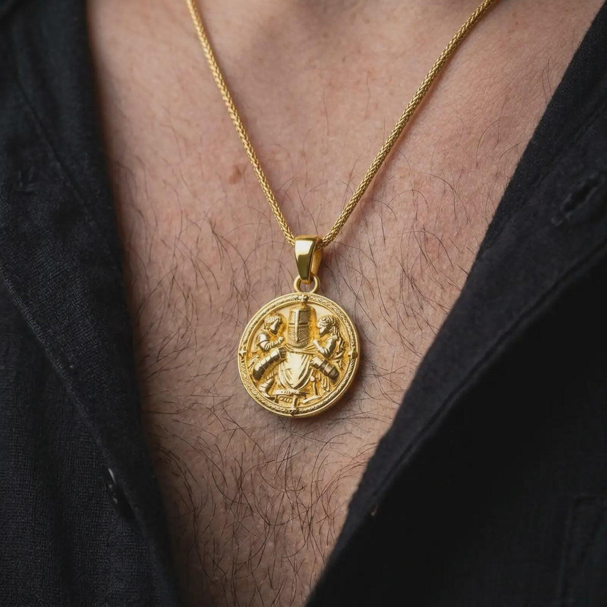 Gold plated guardian knight necklace worn on the chest, highlighting the armored medieval warrior, two children, detailed sword, and symbolic fatherly protection jewelry design.