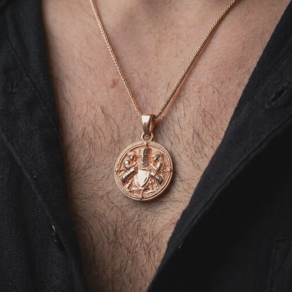 Rose gold plated knight protecting children pendant worn on the chest, showcasing the cross-marked helmet, sculpted warrior and children, ornate circular border, and meaningful medieval family amulet.