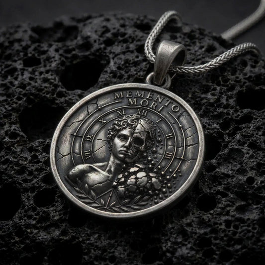 Oxidized sterling silver Memento Mori pendant on black volcanic rock, featuring a half-human half-skull portrait, Roman numeral clock markings, cracked stone details, and engraved Memento Mori lettering.