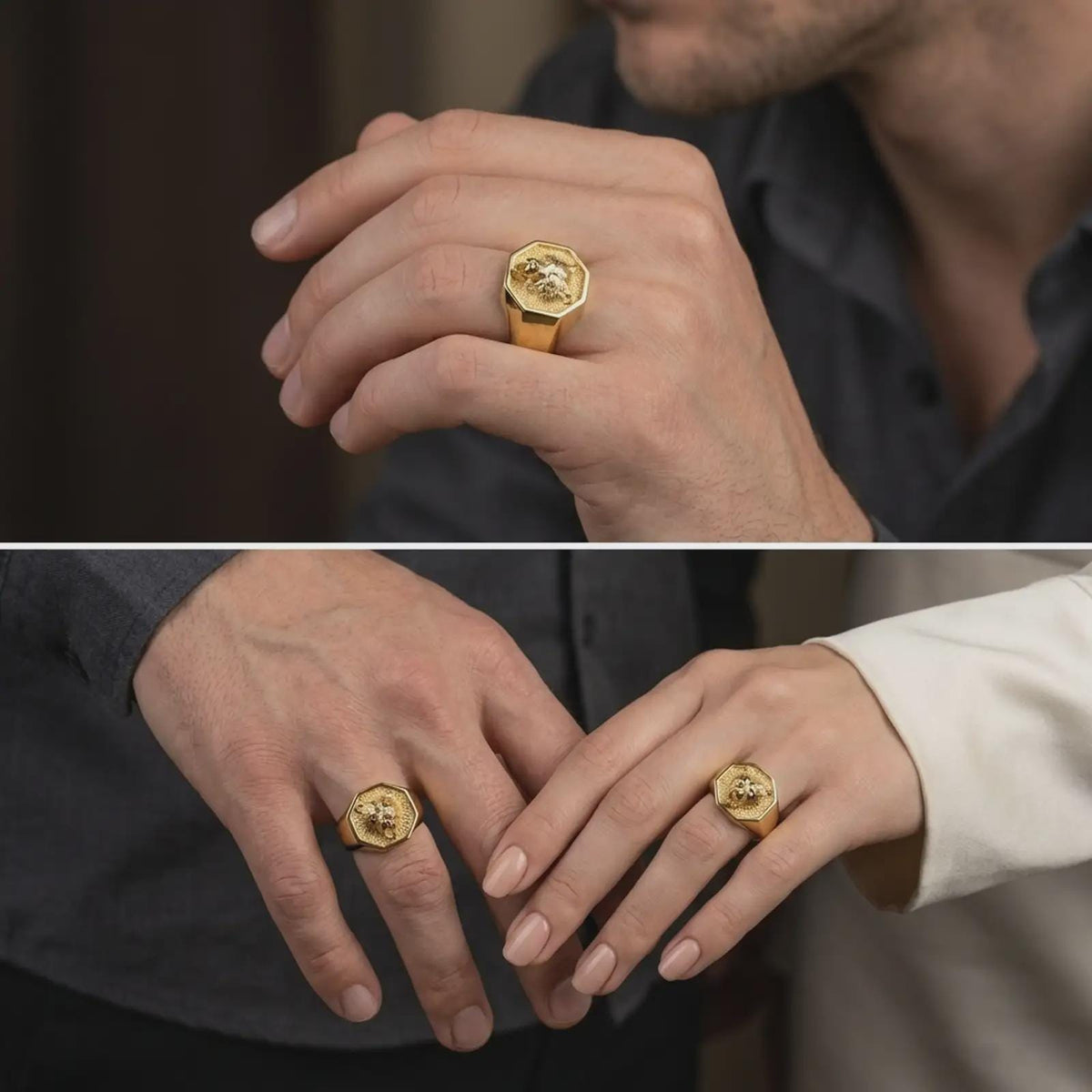 Gold plated 925 sterling silver matching roaring bear rings worn on the fingers of a man and woman together, featuring raised wildlife portraits, powerful bear expressions, engraved fur details, and coordinated warm gold plated finishes.