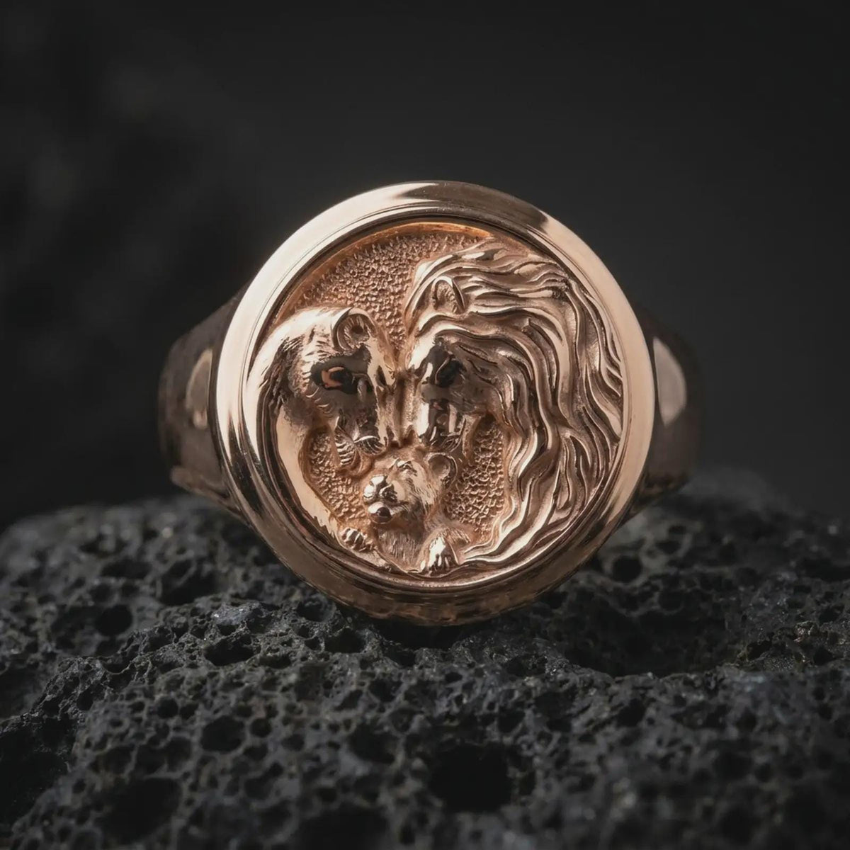 Rose gold plated lion family ring displayed on textured volcanic stone, showcasing the dimensional lion parents surrounding their cub, detailed facial expressions, and meaningful family protection design.