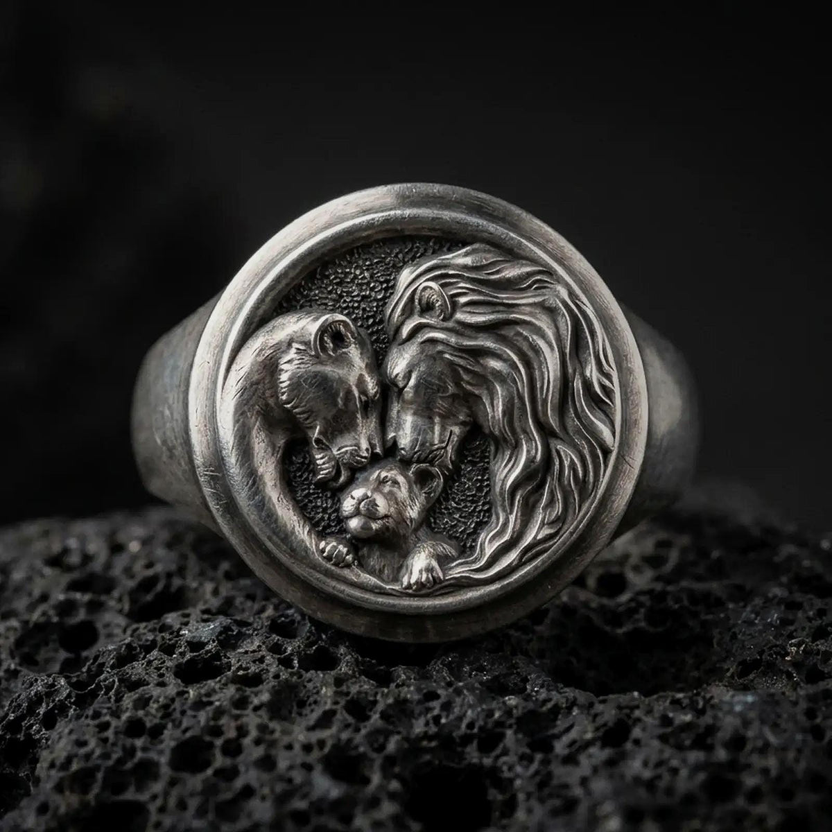 Oxidized sterling silver lion family signet ring on black volcanic rock, featuring a majestic male lion, protective lioness, and their cub nestled together inside a circular medallion.