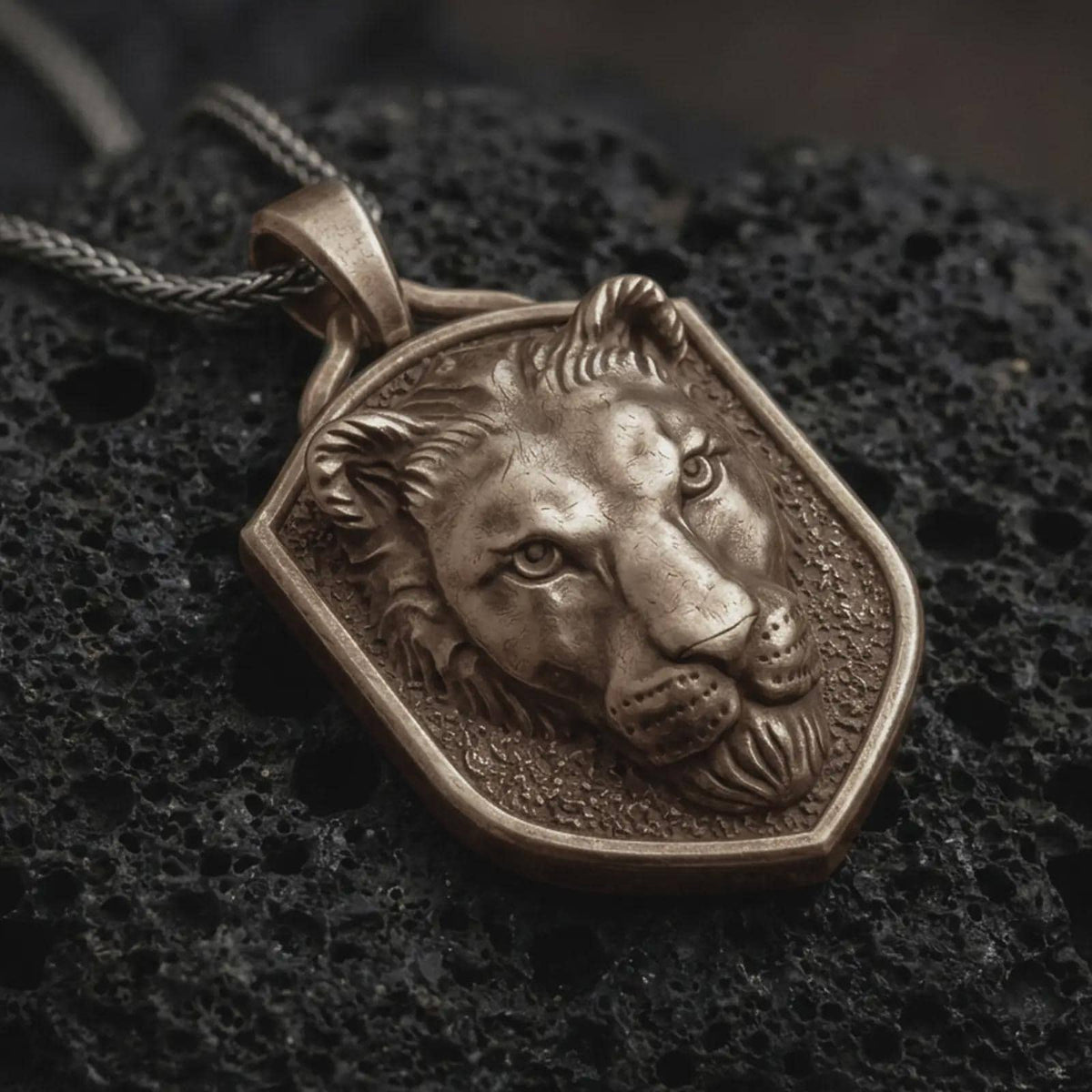 Bronze lioness pendant necklace on black volcanic stone, featuring a raised female lion head with detailed facial contours, textured background, shield-shaped frame, and braided silver chain.
