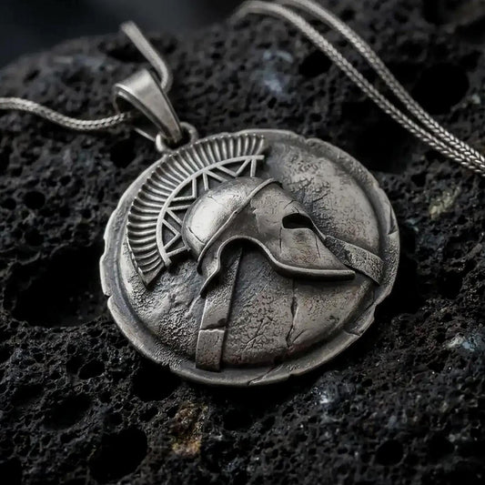 Oxidized 925 sterling silver Spartan helmet pendant displayed on textured black volcanic rock, featuring a raised Corinthian warrior helmet, detailed crested plume, weathered circular medallion, and dark oxidized silver finish.