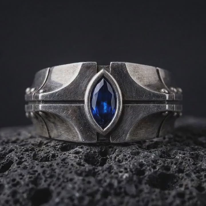 Blue Sapphire Marquise Statement Ring, Modern Unisex Sterling Silver Band Gift For Him