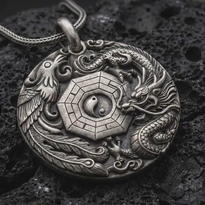 Dragon and Phoenix Pendant, Sterling Silver Yin Yang Bagua Necklace, Chinese Feng Shui Jewelry Gift