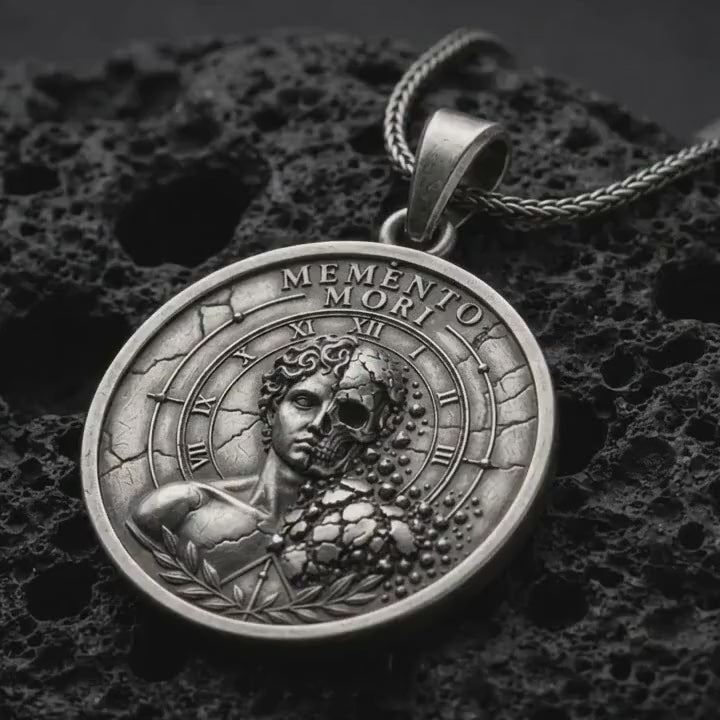 Memento Mori Pendant, Sterling Silver Half Skull Face Necklace, Roman Numeral Clock, Gothic Stoic Jewelry