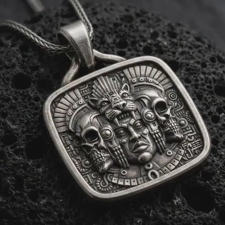 Aztec Jaguar Pendant, Sterling Silver Mexica Skull Necklace, Mesoamerican Warrior Jewelry for Men