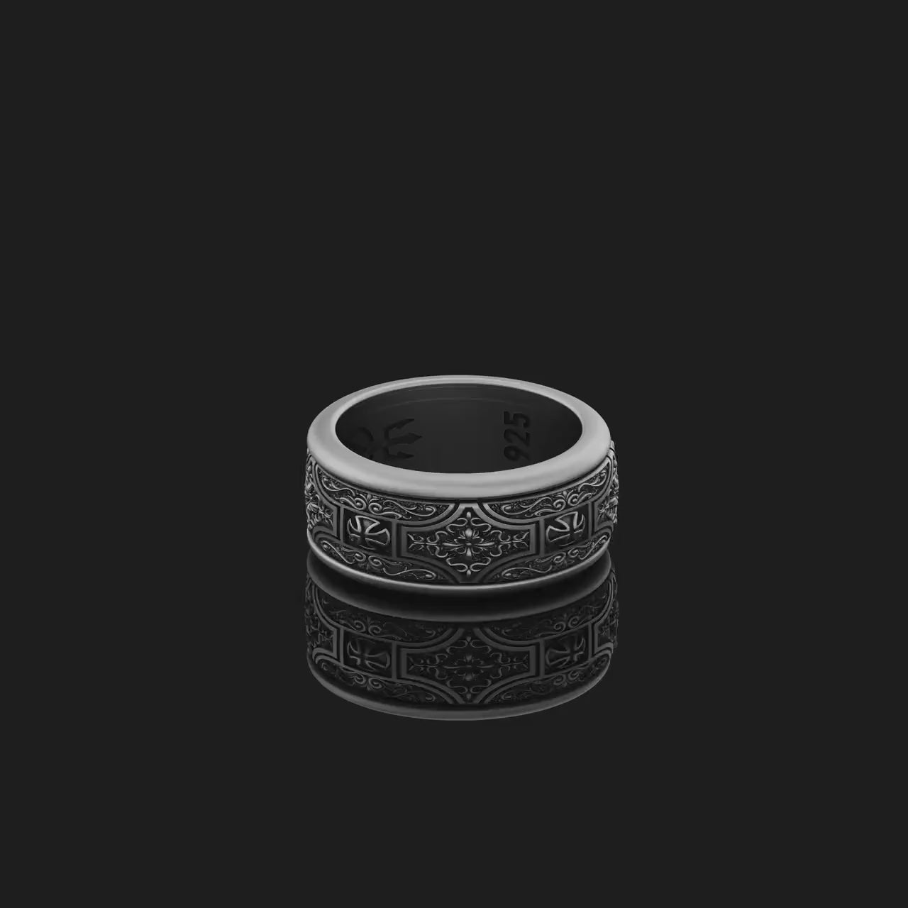Silver Rotating Ornamental Wedding Band, Christian Cross Design, Spiritual Engagement Ring, Symbol of Faith and Commitment