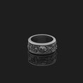Load and play video in Gallery viewer, Spinning Hannya Mask Ring, Tri-Color Sterling Silver Engravable, Unique Noh Theater Inspired Bridal Jewelry
