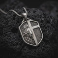 Load and play video in Gallery viewer, Sterling Silver Lion Cross Shield Pendant, Medieval Heraldic Talisman Necklace
