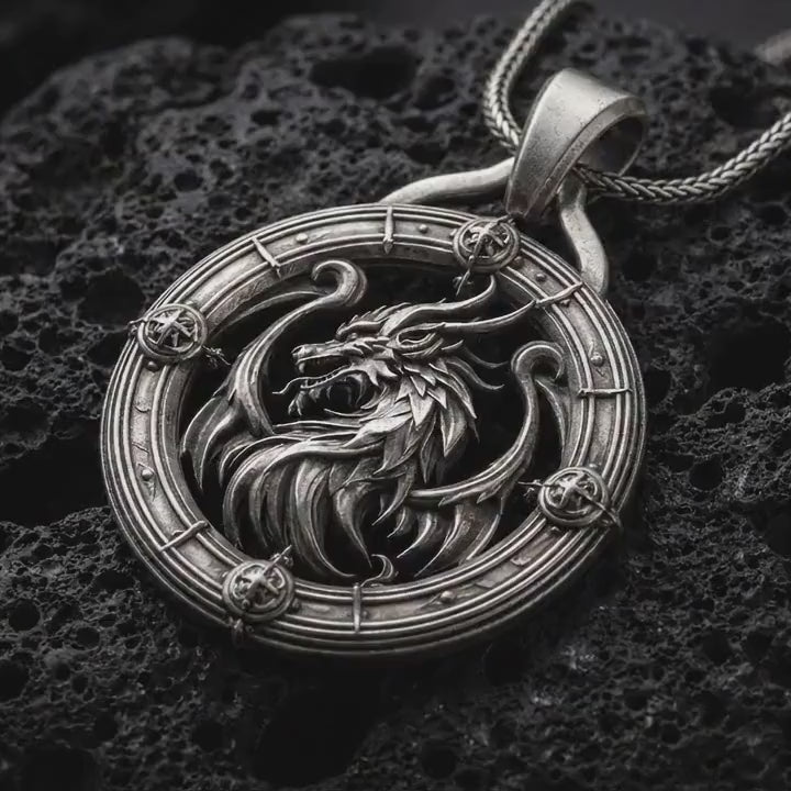 Dragon Pendant Necklace, Sterling Silver Mythical Jewelry, Fantasy Amulet Gift for Men