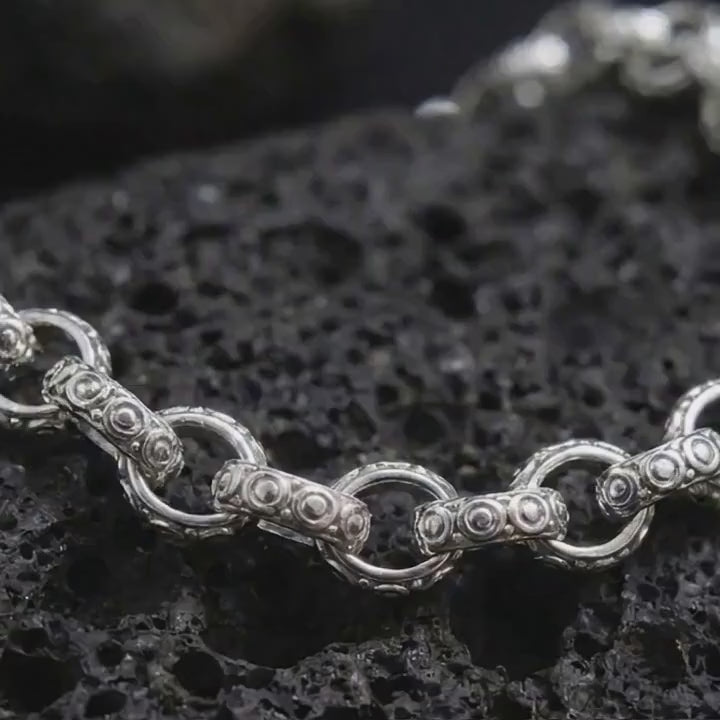 Ornamental Sterling Silver Link Bracelet for Men, Oxidized Circle Chain, Vintage Bali Style Wrist Jewelry