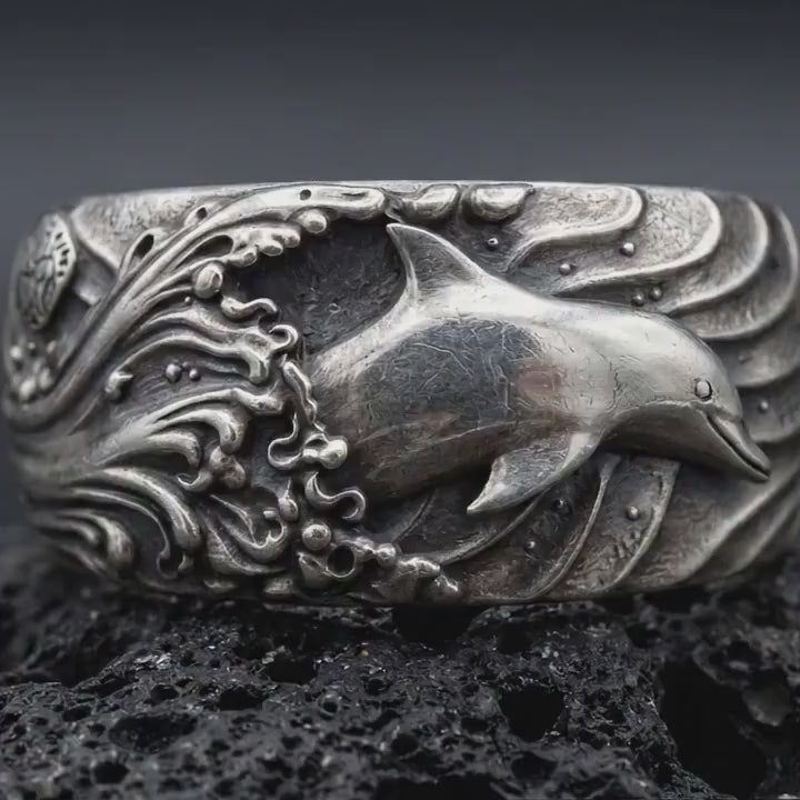 Dolphin Ring, Sterling Silver Ocean Wave Band, Nautical Couple Ring, Sea Life Jewelry Gift